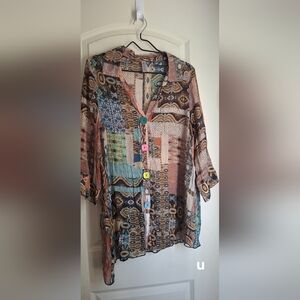 Asymetric Miss Nicky  Colorful Patterned Button-Up Blouse Sz L Boho Lighweight
